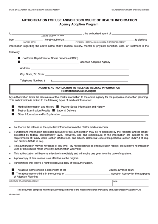 Fillable Form Ad 100a Authorization For Use And/or Disclosure Of Health Information Agency Adoption Program Printable pdf