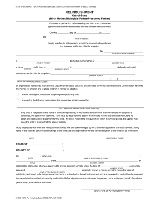 Fillable Form Ad 4339 Relinquishment Out-Of-State (Birth Mother/biological Father/presumed Father) Printable pdf