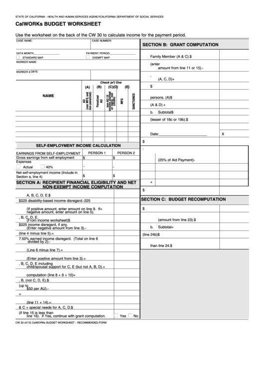 Fillable Form Cw 30 Calworks Budget Worksheet Printable pdf