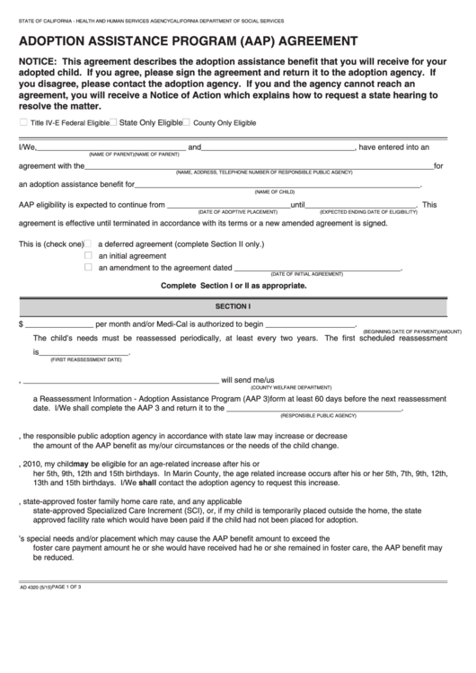 Fillable Form Ad 4320 Adoption Assistance Program (Aap) Agreement Printable pdf