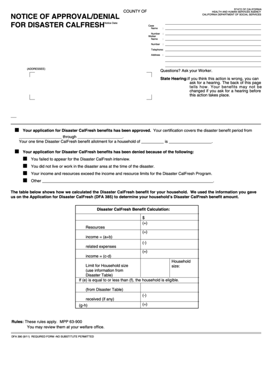 Fillable Form Dfa 390 Notice Of Approval/denialfor Disaster Calfresh Printable pdf
