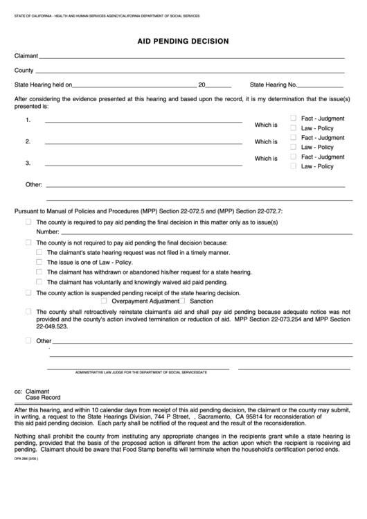 Fillable Form Dpa 284 Aid Pending Decision Printable pdf