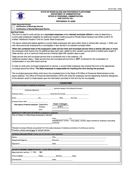 Fillable Form Cs-377 - Certification Of Municipal Service/certification Of Elected Municipal Service Printable pdf
