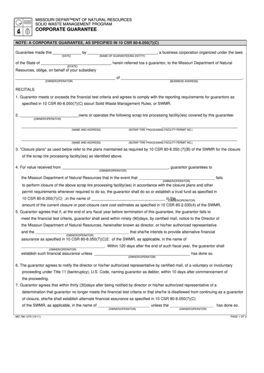 Fillable Form Mo 780-1270 - Corporate Guarantee Printable pdf