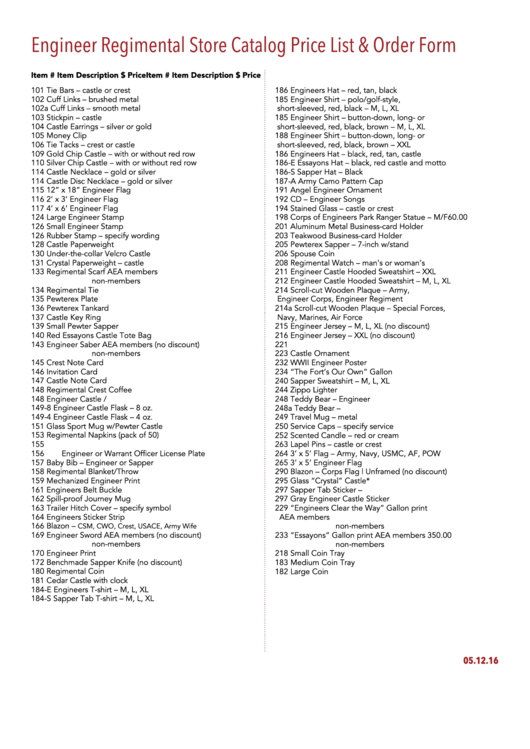 Engineer Regimental Store Catalog Price List & Order Form Printable pdf