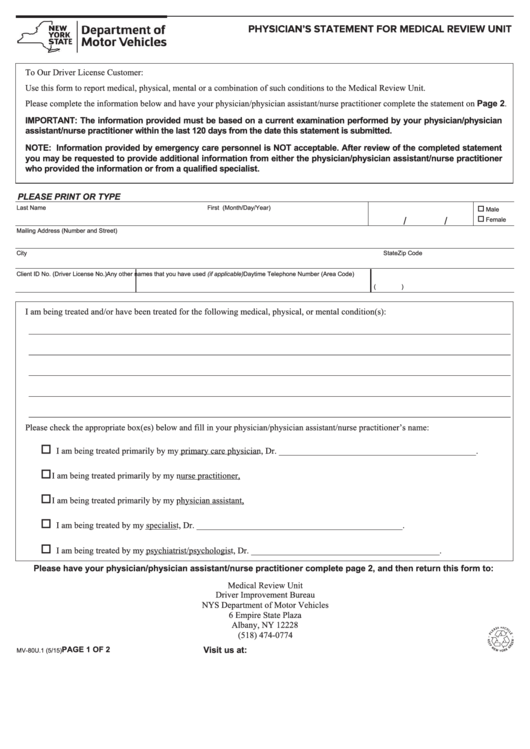 Form Mv-80li.1 - Physicians Statement For Medical Review Unit Printable pdf