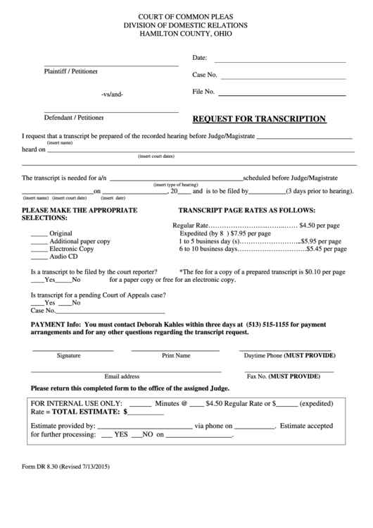 Form Dr 8.30 - Request For Transcription Form - Court Of Common Pleas, Ohio Printable pdf