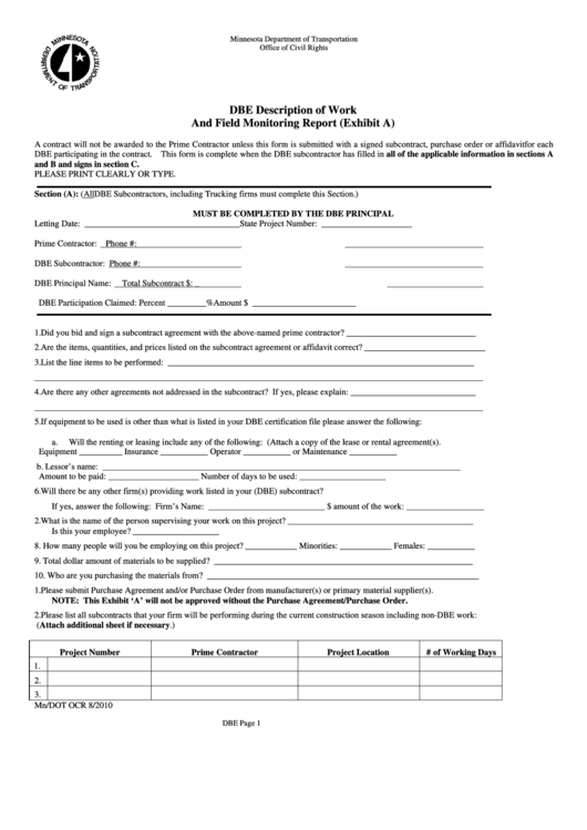 Dbe Description Of Work And Field Monitoring Report (Exhibit A) Form Printable pdf