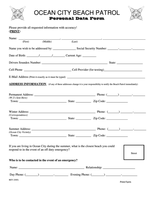 Fillable Ocean City Beach Patrol - Personal Data Form Printable pdf