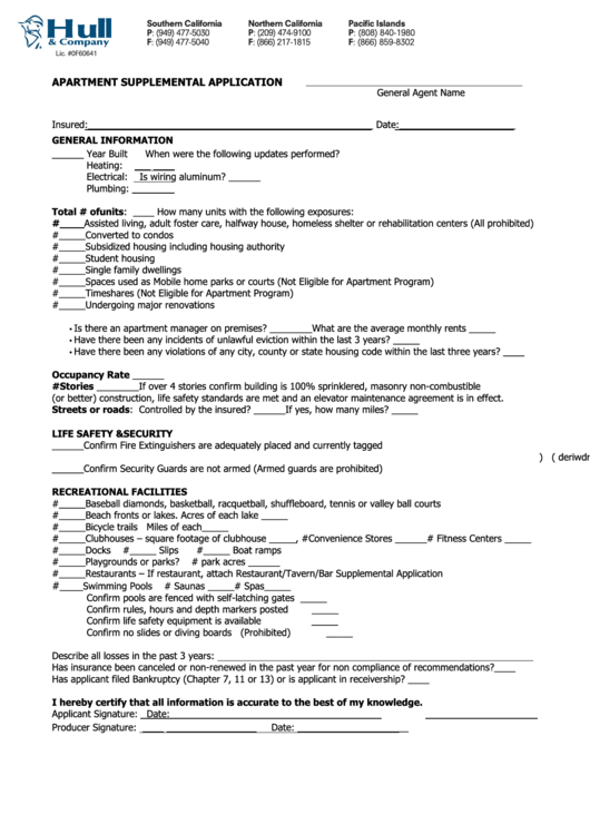 Fillable Apartment Supplemental Application Form Printable pdf