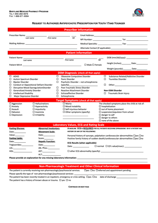 Fillable Request Form To Authorize Antipsychotic Prescription For Youth 17 And Younger Printable pdf