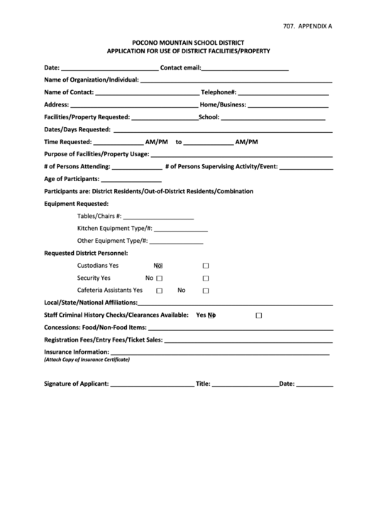 Fillable Application For Use Of District Facilities/property Form Printable pdf