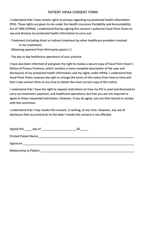 Patient Hipaa Consent Form Printable pdf