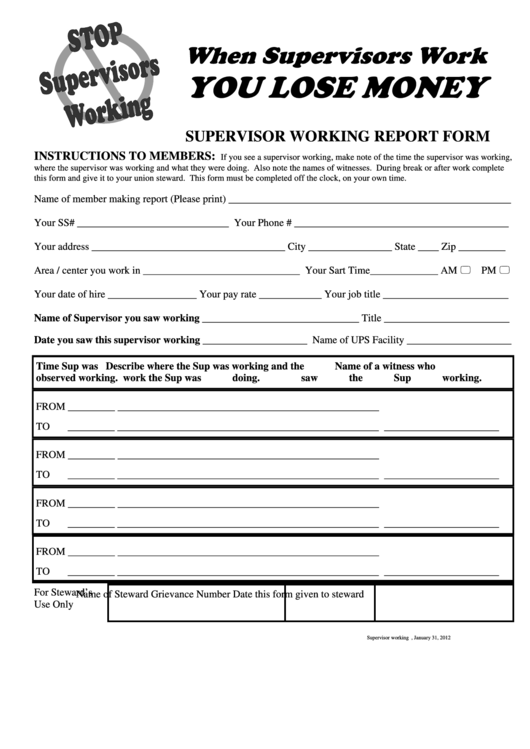 Supervisor Working Report Form Printable pdf