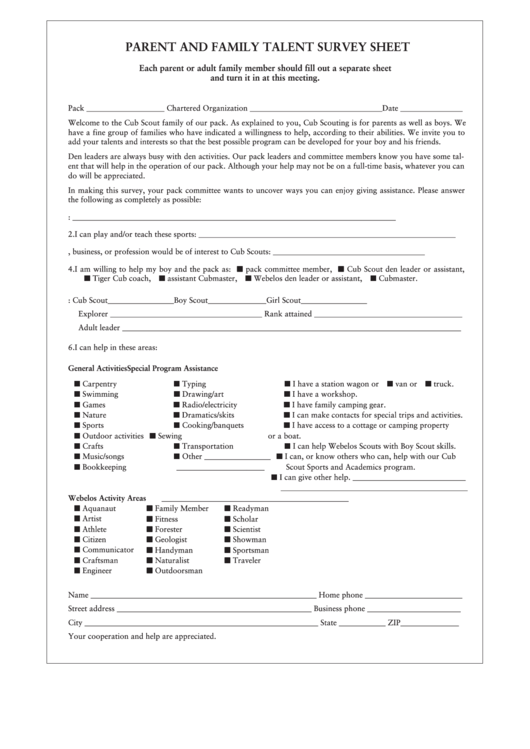 Parent And Family Talent Survey Sheet Printable pdf
