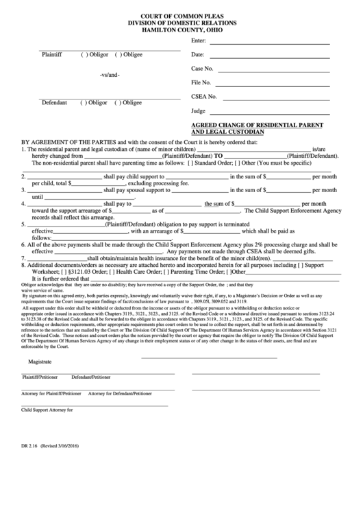 Form Dr 2.16 - Agreed Change Of Residential Parent And Legal Custodian