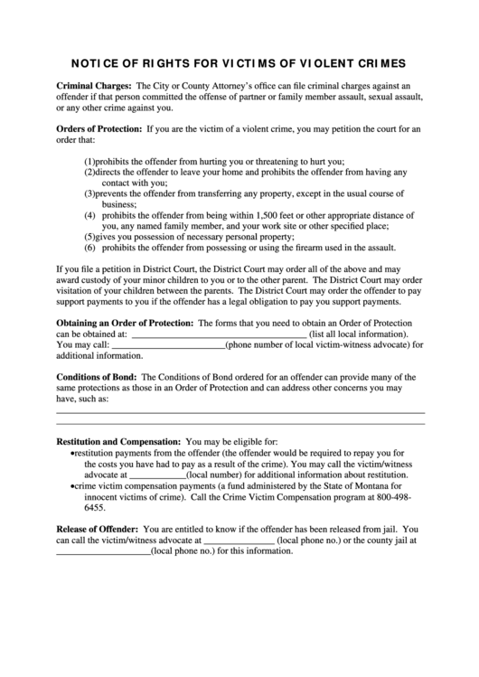 Notice Of Rights For Victims Of Violent Crimes Form Printable pdf