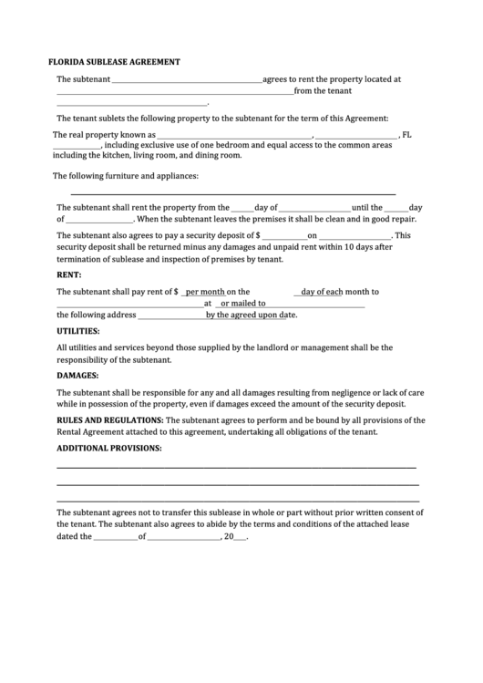Fillable Florida Sublease Agreement Template Printable pdf