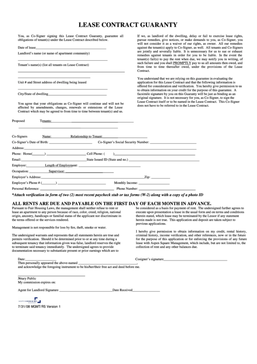 Lease Contract Guaranty Form Printable pdf