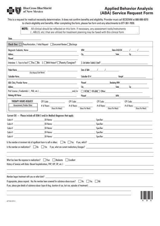 Fillable Applied Behavior Analysis (Aba) Service Request Form - Bluecross Blueshield Of New Mexico Printable pdf