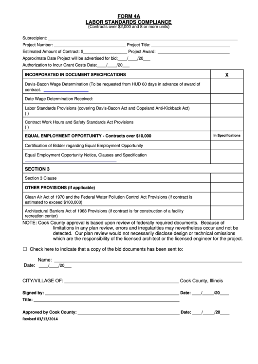 Fillable Form 4a - Labor Standards Compliance Printable pdf