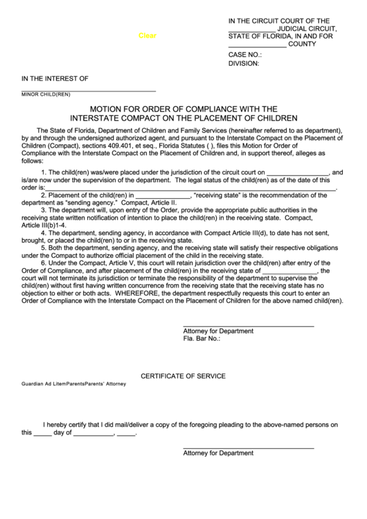 Fillable Motion For Order Of Compliance With The Interstate Compact On The Placement Of Children Form - Florida Printable pdf