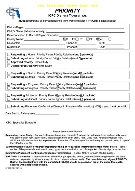 Fillable Form Cf 793 - Icpc District Transmittal Form Printable pdf