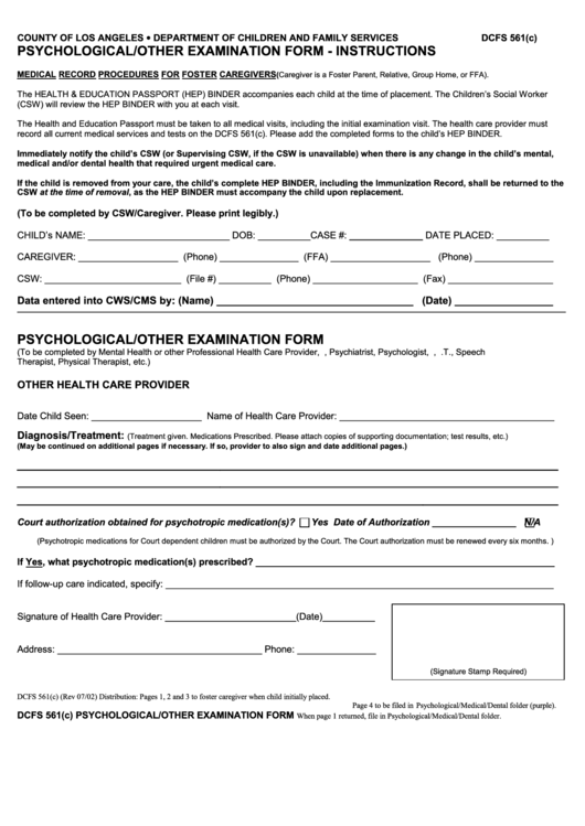Form Dcfs 561(C) - Psychological/other Examination - Los Angeles Dcfs Printable pdf