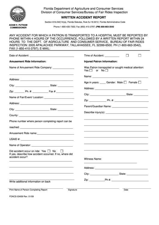 Fillable Form Fdacs-03428 - Written Accident Report Form - Florida Department Of Agriculture And Consumer Services Printable pdf
