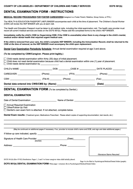 Form Dcfs 561(B) - Dental Examination - Los Angeles Dcfs Printable pdf