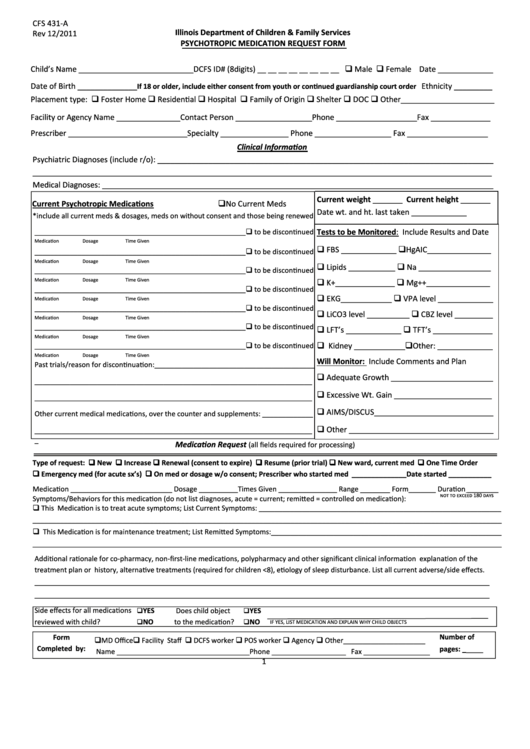 Fillable Form Cfs 431-A - Psychotropic Medication Request Form - Illinois Department Of Children & Family Services Printable pdf