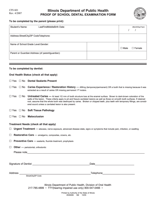 Fillable Form Cfs 601 - Proof Of School Dental Examination Form - 2007 Printable pdf