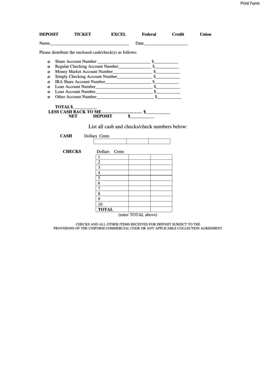 Fillable Deposit Ticket Form Printable pdf