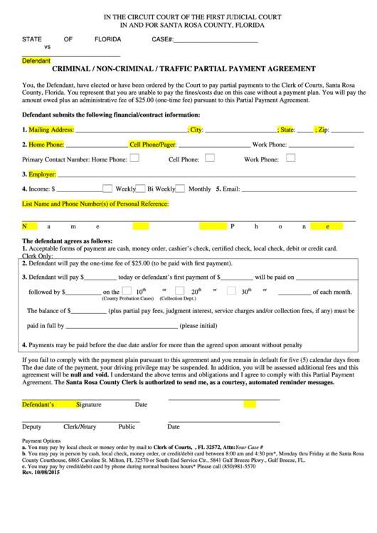 Fillable Partial Payment Agreement Form Printable pdf
