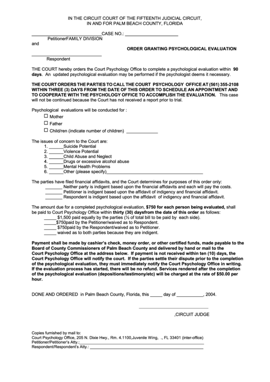 Fillable Order Granting Psychological Evaluation - Palm Beach County Circuit Court Printable pdf