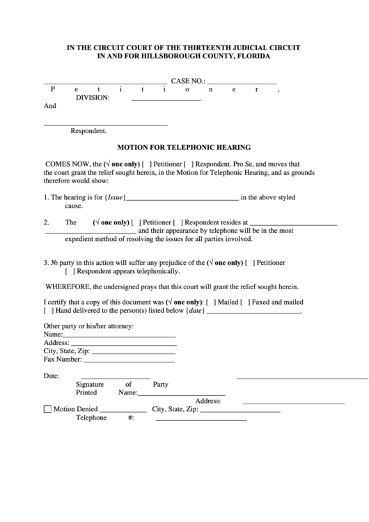 Fillable Motion For Telephonic Hearing Form Printable pdf