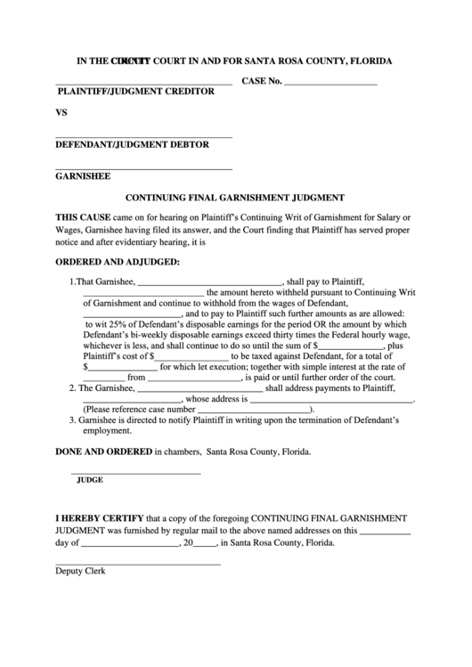 Fillable Continuing Final Garnishment Judgment Form Printable pdf