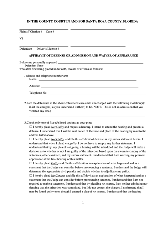 Fillable Affidavit Of Defense Form Or Addmission And Waiver Of Appearance Printable pdf