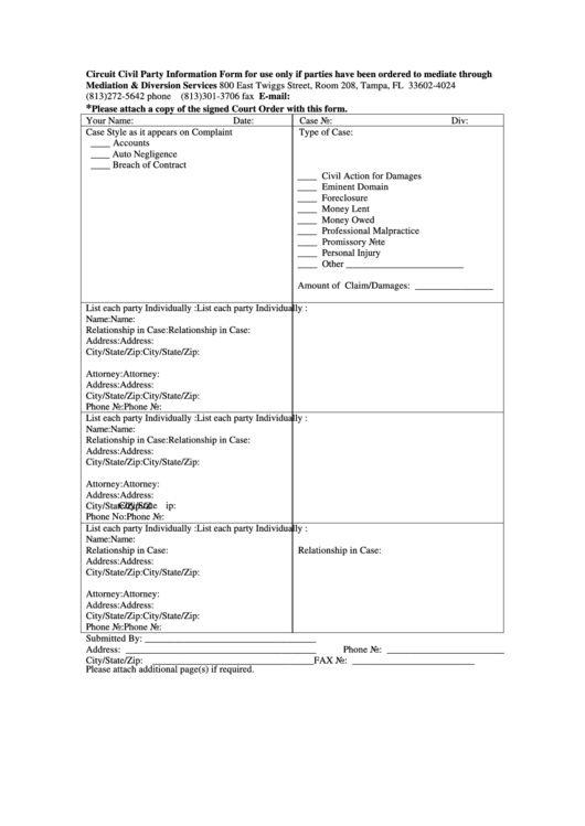 Fillable Circuit Civil Party Information Form Printable pdf