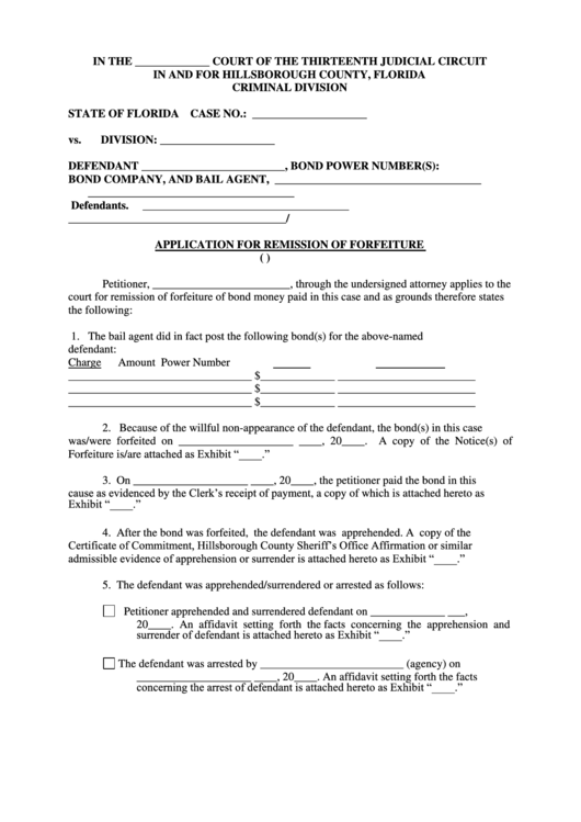 Fillable Application For Remission Of Forfeiture Form - Florida Criminal Division Printable pdf