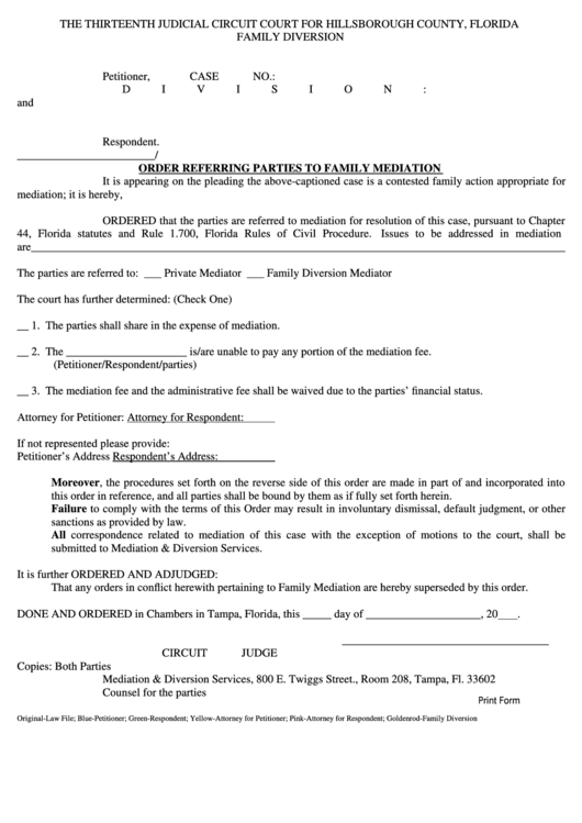 Fillable Order Referring Parties To Family Mediation Form - The Thirteenth Judicial Circuit Court For Hillsborough County, Florida Printable pdf