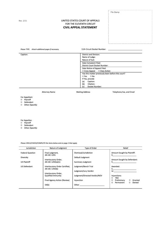Fillable Civil Appeals Statement Form - United States Court Of Appeals Printable pdf