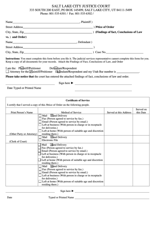 Fillable Notice Of Order Form - Salt Lake City Justice Court Printable pdf