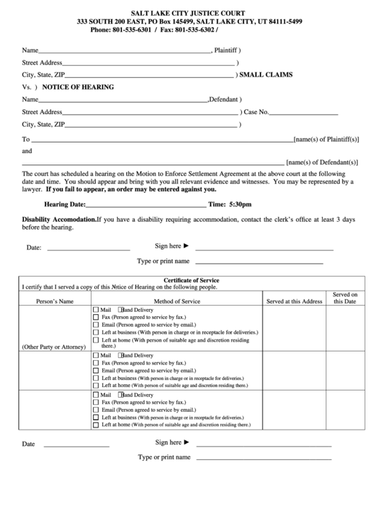 Fillable Small Claims Notice Of Hearing Form - Salt Lake City Justice Court Printable pdf