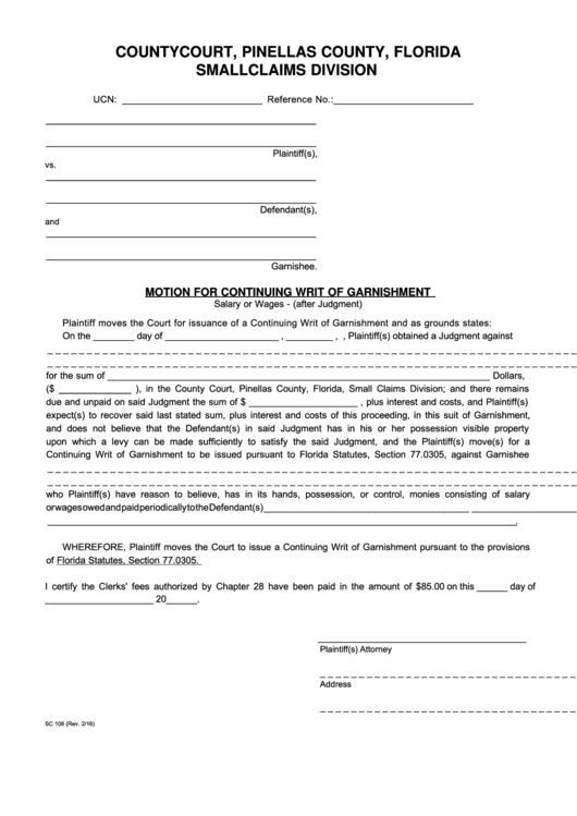 Fillable Form Sc 108 - Motion For Continuing Writ Of Garnishment - County Court, Pinellas County, Florida Printable pdf