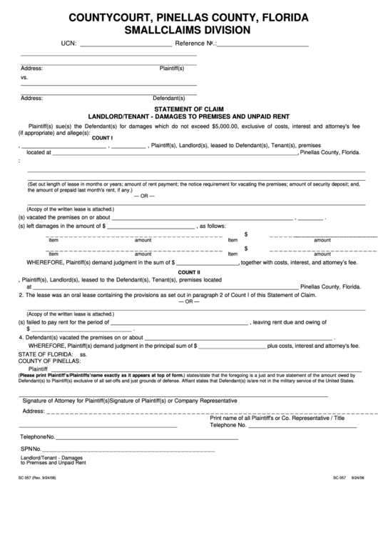 Fillable Form Sc 057 - Statement Of Claim - Landlord/tenant - Damages To Premises And Unpaid Rent - County Court, Pinellas County, Florida Printable pdf
