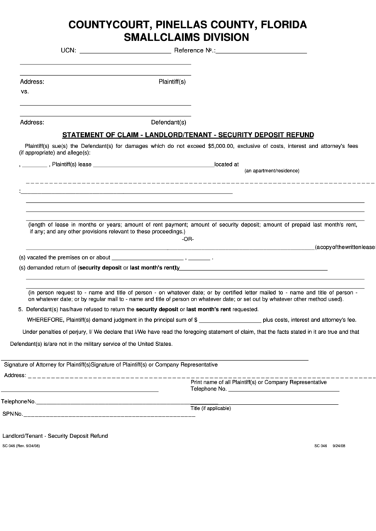 Fillable Form Sc 046 - Statement Of Claim - Landlord/tenant - Security Deposit Refund - County Court, Pinellas County, Florida Printable pdf