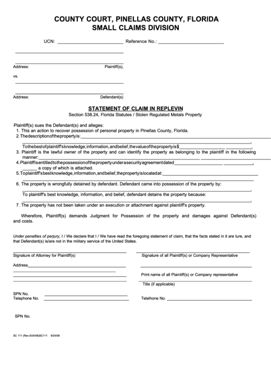Fillable Form Sc 111 - Statement Of Claim In Replevin - County Court, Pinellas County, Florida Printable pdf
