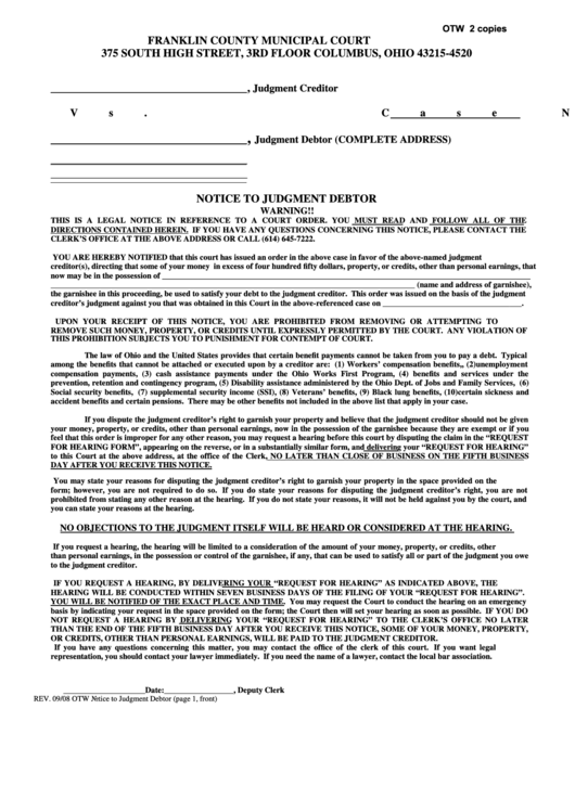 Fillable Notice To Judgment Debtor And Request For Hearing Form - Franklin County Municipal Court Printable pdf