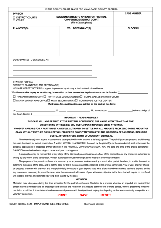 Fillable Form Clk/ct 423 Summons / Notice To Appear For Pretrial